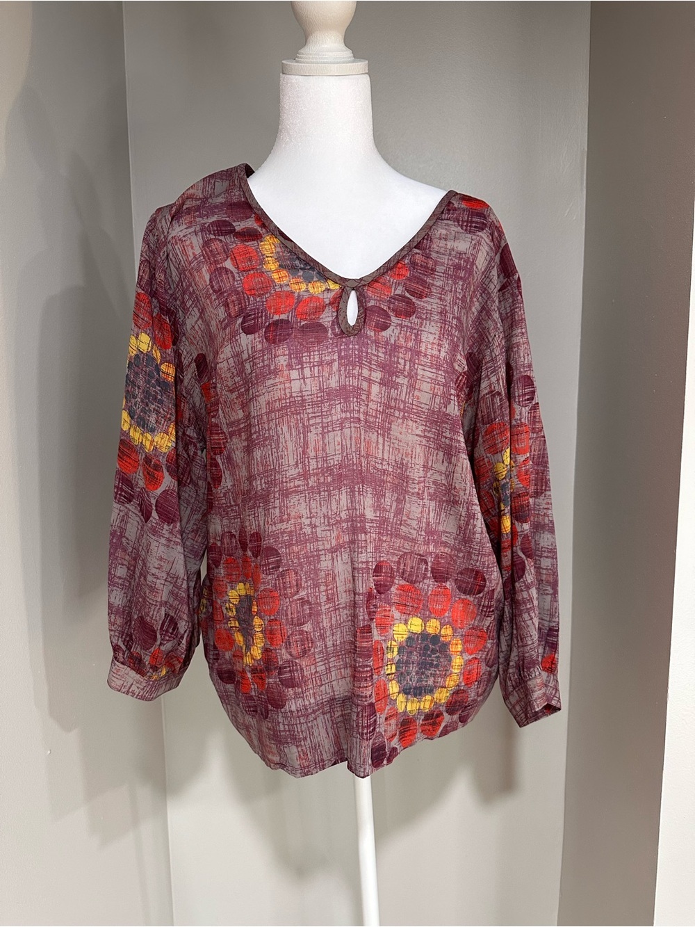 Trina Turk Burgundy Floral Medallion Long-Sleeve Keyhole Top